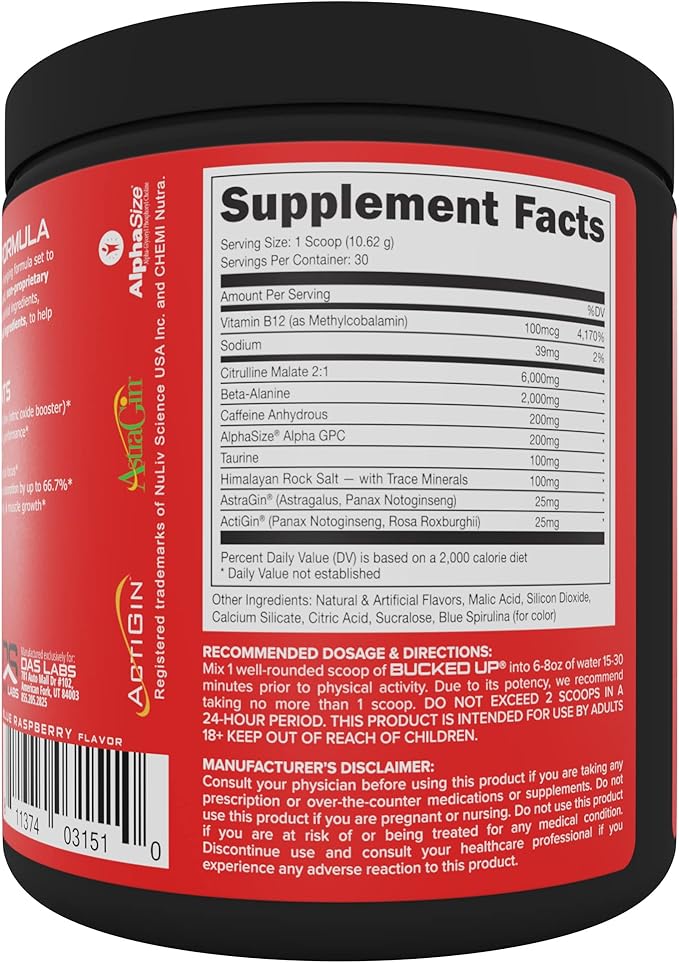 Bucked Up Pre Workout 6 Grams Citrulline, 2 Grams Beta Alanine, and 3 Other Registered trademarked Ingredients (Blue Raz)