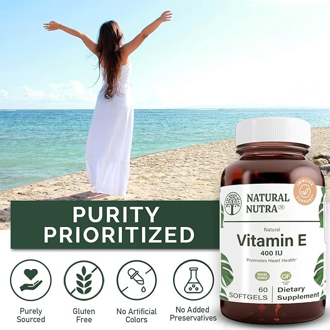 Natural Nutra Vitamin E 400 IU Supplement, Enrich Health Nutrients, Promotes Skin Health, Enhance Hair & Nails Growth, Supports Body Fat Level, Helps Heart Health & Protects Skin Texture, 60 Soft gels