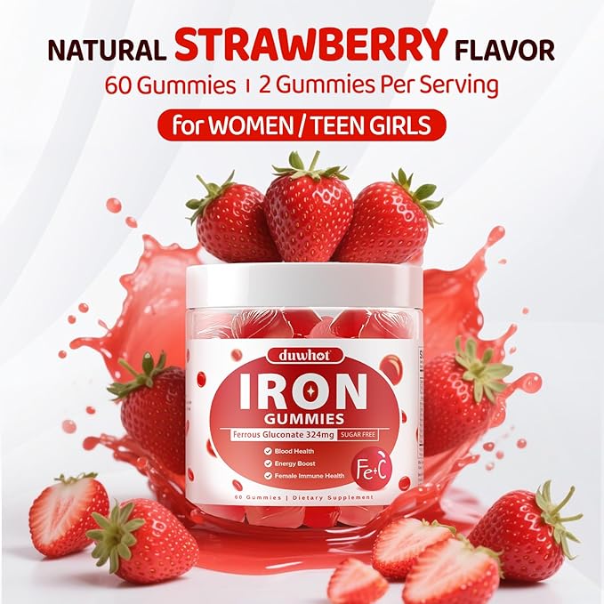 Iron Gummies for Women Teen Girls, Ferrous Gluconate 324 mg with Vitamin C, Iron Supplement Plus Vitamin A, B, Folate, Copper, Zinc, Energy & Blood Support, Immune Health, Sugar Free 60 Gummies
