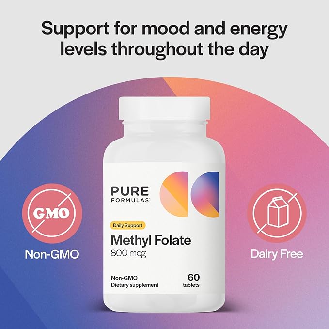 PureFormulas Methylfolate 800 mcg – Active B9 (5-MTHF) for Cardiovascular, Nerve & Mood Health, Non-GMO Vegetarian Tablets, 60 Count