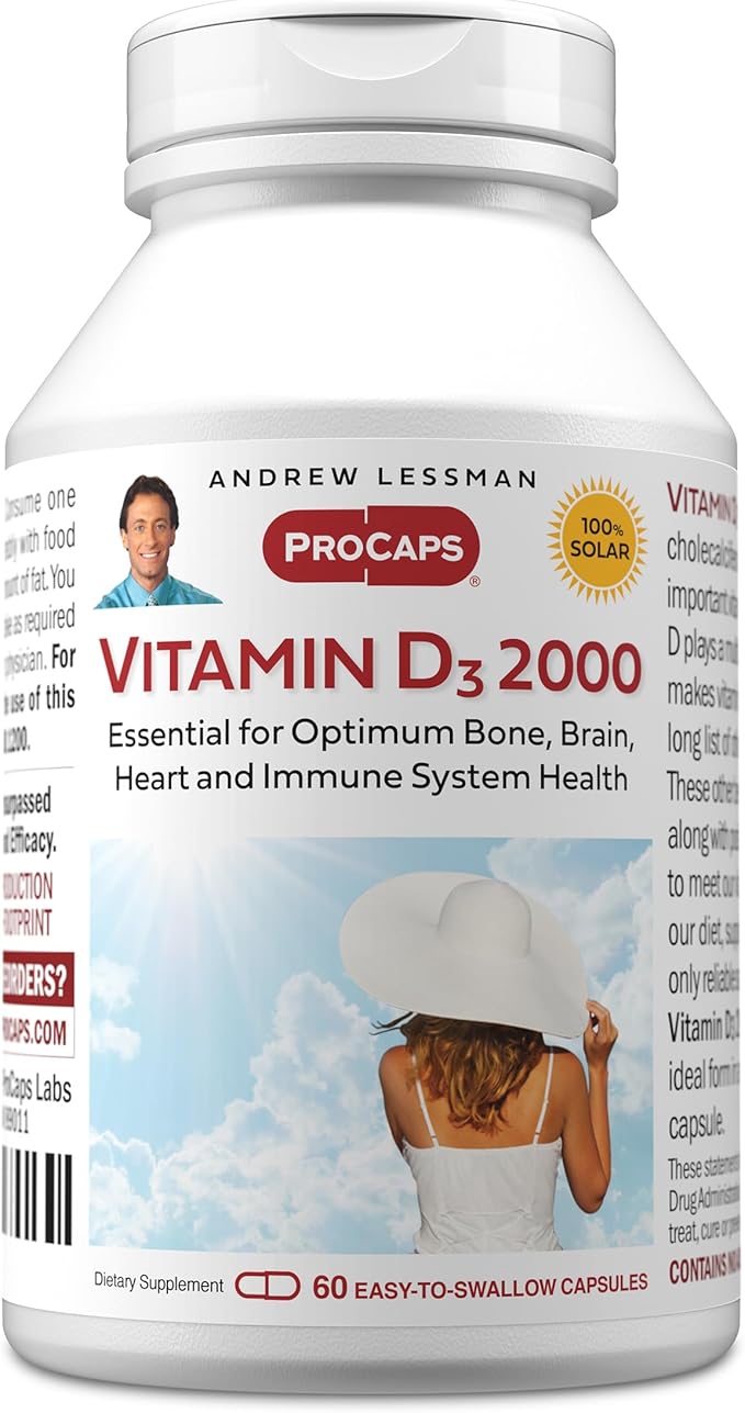 ANDREW LESSMAN Vitamin D3 2000 IU 60 Capsules - High Potency, Essential for Calcium Absorption, Supports Bone Health, Healthy Muscle Function, Immune System, More. Small Easy to Swallow Capsules