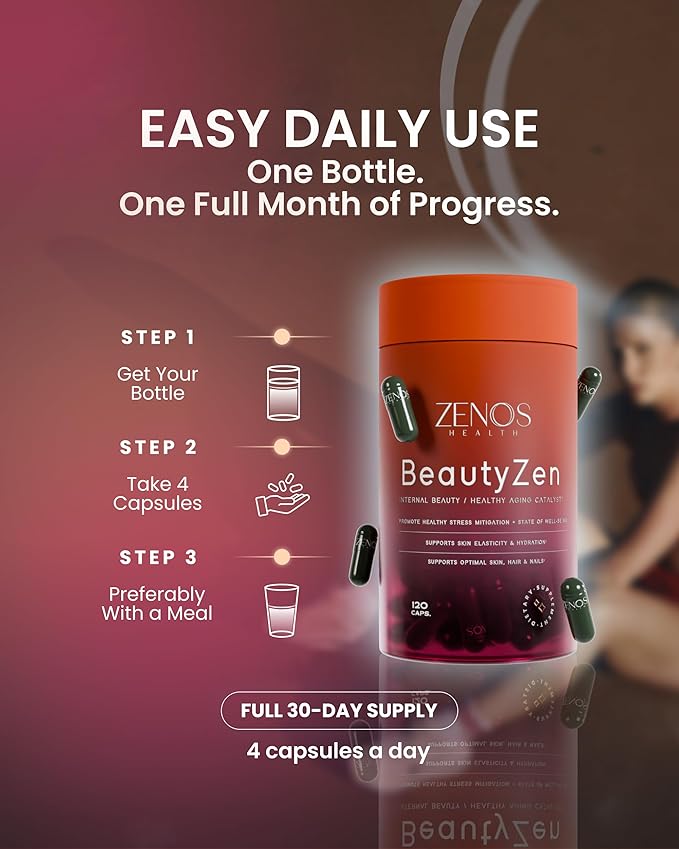 Zenos Health BeautyZen - Beauty Supplement for Hair Growth with DHT Blocker, Biotin Collagen Keratin & Antioxidants Supplement, Androgen Blocker, Anti Aging, Keratin Complex - Made in USA, 120 Caps