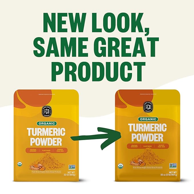 FGO Organic Turmeric Powder w/Curcumin, 2 Pound / 32oz Bulk Resealable Pouch, USDA Organic and Non-GMO, Sourced from India, Packaging May Vary (Pack of 1)