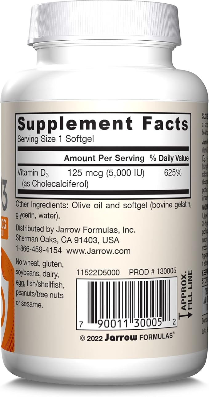 Jarrow Formulas Vitamin D3 125 mcg (5000 IU) - 100 Servings (Softgels) - Bone Health, Immune Support & Calcium Metabolism Support - Vitamin D Supplement - D3 Vitamins - 5000 IU Vitamin D (Pack of 12)