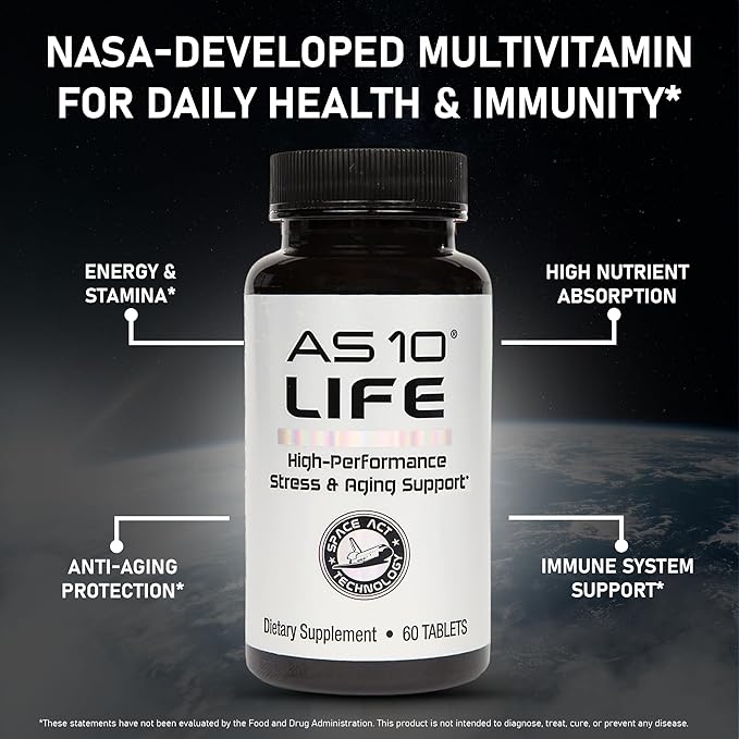 AS 10® Life – Stress, Immune Support and Anti Aging Supplement - Multivitamin and Antioxidants Tablet, Resveratrol, Alpha Lipoic Acid, Lutein and Zeaxanthin, Co-Developed by NASA, 60 ct
