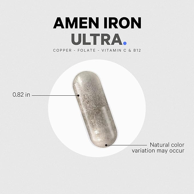 Amen Iron Ultra Supplement + Copper, Folate, Vitamin C and B12-2-Month Supply - Ferrous Sulfate Iron Vitamin - 65mg Per Serving - Folic Acid - Non-GMO Pills - 60 Capsules