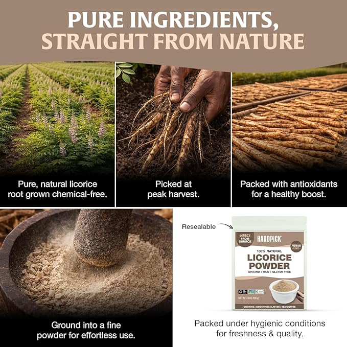 HANDPICK Licorice Root Powder (226g/8oz) Non GMO, Gluten Free, 100% Raw Ground Mulethi, Sourced from India, Glycyrrhiza Glabra, Packed in Resealable Ziplock Pouch