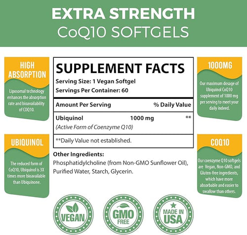 1000mg Liposomal CoQ10 Softgels | Better Absorption CoQ10 Ubiquinol Supplement | Heart Function & Energy Production | Active Antioxidant Form of Vegan Coenzyme Q10 | Non-GMO | 120 Softgels