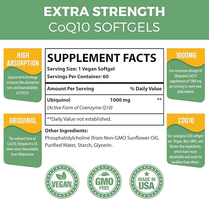 1000mg Liposomal CoQ10 Softgels | Better Absorption CoQ10 Ubiquinol Supplement | Heart Function & Energy Production | Active Antioxidant Form of Vegan Coenzyme Q10 | Non-GMO | 60 Softgels