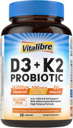 Vitalibre D3 K2 Probiotic Supplement, Vitamin D3 5000 IU & K2 100 mcg, with Probiotics for Women & Men, Akkermansia Muciniphila, Bone, Gut & Immune Support, Non-GMO, Easy to Swallow, 30 Capsules