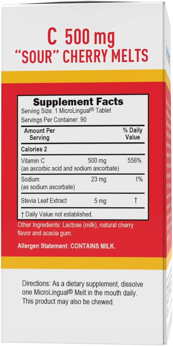 Superior Source Vitamin C 500 mg Sour Cherry Melts - Daily Vitamin Supplement Supports Immune Health - Vitamin C Formula Aids Cell Health - 90 Sublingual Dissolving Tablets