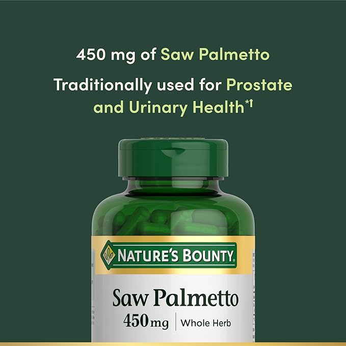 Nature's Bounty Saw Palmetto Support for Prostate and Urinary Health, Herbal Health Supplement, 450mg, 250 Capsules (Pack of 2)