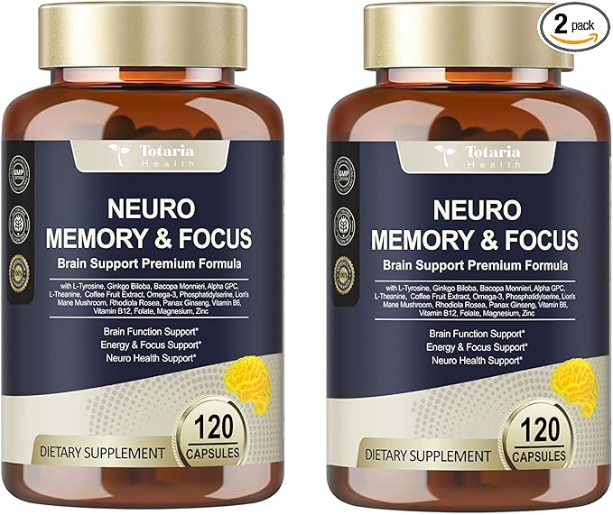 Totaria C-ognitive with Caffeine Pills, L-Tyrosine, Alpha GPC, Ginkgo Biloba, Bacopa Monnieri Brain Supplement for Memory and Focus, Brain Nootropic Support - Non-GMO, Gluten Free (2 Packs)
