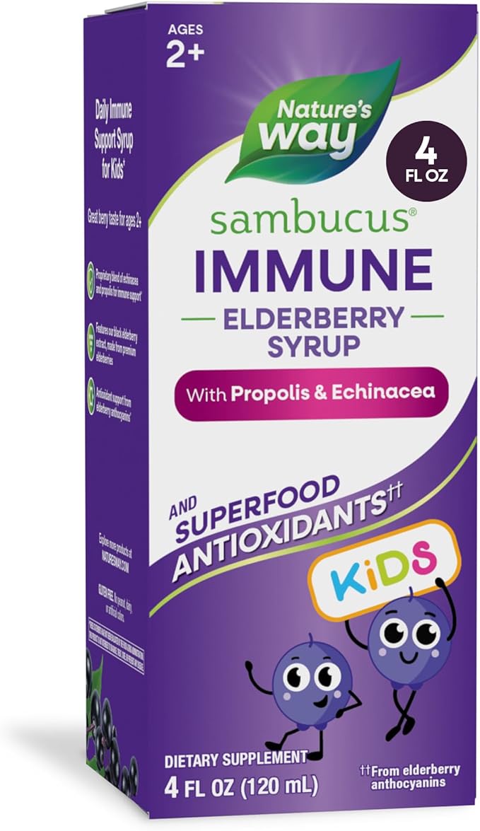 Nature's Way Sambucus Kids Immune Elderberry Syrup, Black Elderberry Extract with Echinacea & Propolis, Traditional Immune Support for Children with Superfood Antioxidants(1), Berry Flavored, 4 Fl Oz
