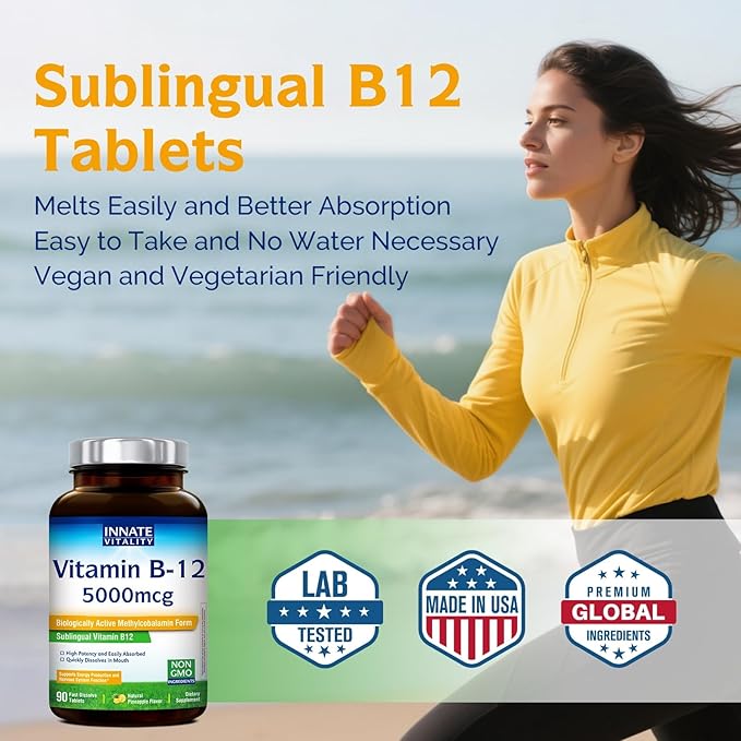 Innate Vitality Vitamin B12 5000mcg, Sublingual, Vegan Methylcobalamin, Fast Dissolve Tablets, Natural Pineapple Flavor, Supports Energy Production & Healthy Nervous System, 90 Tablets
