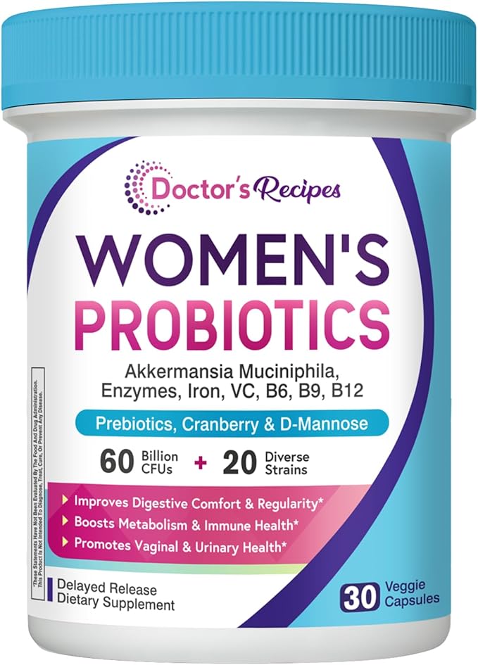 Doctor's Recipes Probiotics for Women, Akkermansia Muciniphila, Prebiotics, Cranberry, D-Mannose, Iron, Folate, VC, B6, B12, 60 Billion CFU, Vaginal, Digestive, Immune Health, 30 Vegan Capsules