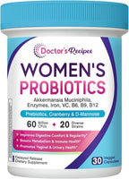 Doctor's Recipes Probiotics for Women, Akkermansia Muciniphila, Prebiotics, Cranberry, D-Mannose, Iron, Folate, VC, B6, B12, 60 Billion CFU, Vaginal, Digestive, Immune Health, 30 Vegan Capsules