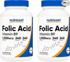 Nutricost Folic Acid (Vitamin B9) 1000 mcg, 240 Capsules (2 Bottles)