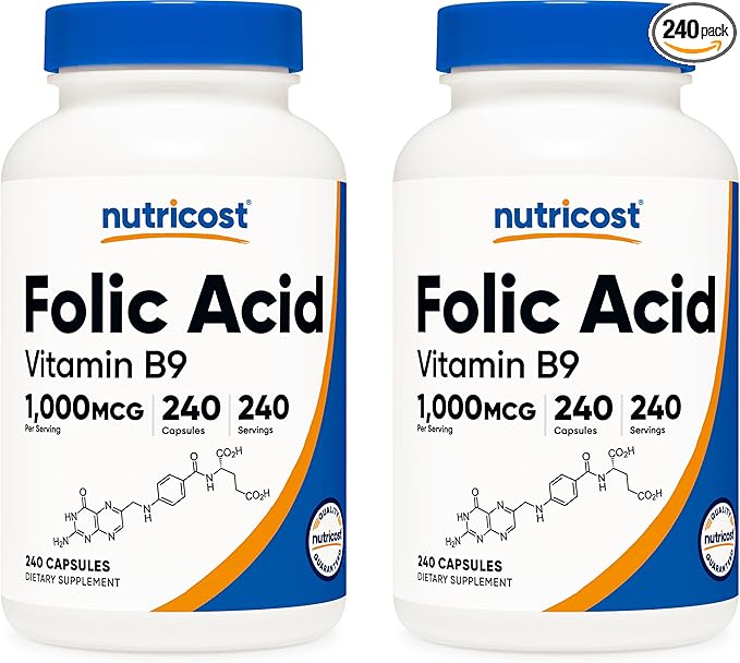 Nutricost Folic Acid (Vitamin B9) 1000 mcg, 240 Capsules (2 Bottles)