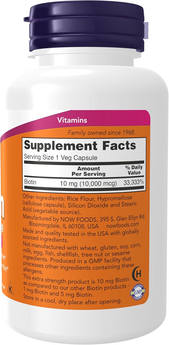 NOW Foods Supplements, Biotin 10 mg (10,000 mcg), Extra Strength, Energy Production*, 120 Veg Capsules, (Pack of 2)