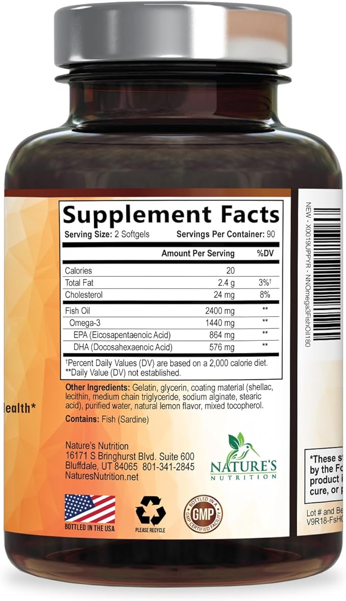 Omega 3 Fish Oil Supplements - 2400mg Fish Oil Per Serving - Triple Strength Omega-3 with EPA & DHA Fatty Acids - Natural Heart, Brain & Immune Support - Wild Caught, Bottled in USA - 180 Softgels