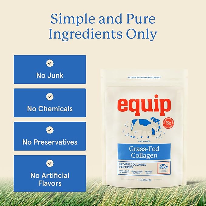 Equip Foods Grass Fed Collagen Powder | Hydrolyzed Bovine Collagen Peptides with Amino Acids | Prime Beef Collagen for Healthy Joints, Skin & Nails | Non-GMO, Paleo Friendly | 30 Servings, Unflavored
