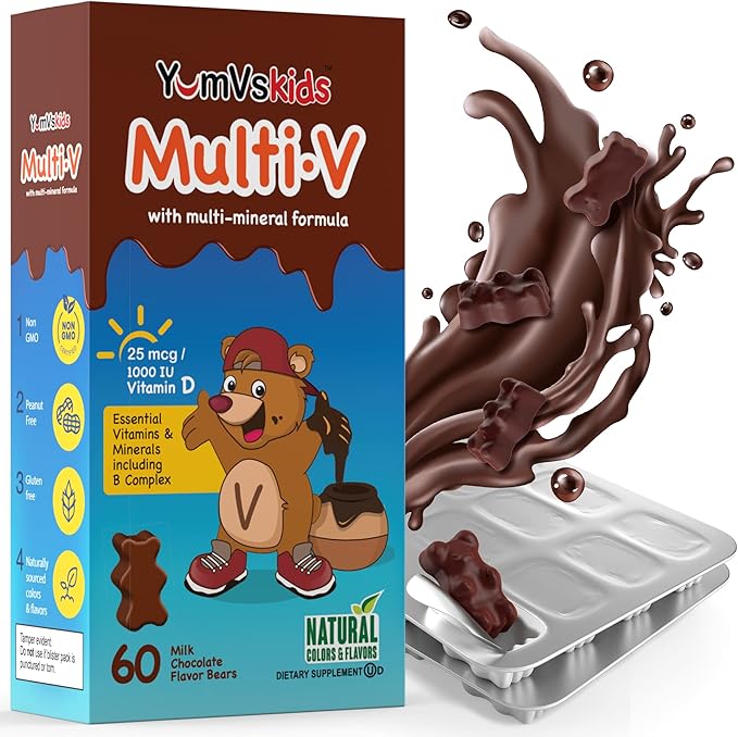 YUM-V'S Kids Multivitamin Chocolate Bears for Immune & Bone Support – 16 Kids Vitamins & Minerals with A, B Complex, Magnesium & Zinc – Daily Toddler Vitamins in Milk Chocolate – 60 Count, Pack of 1
