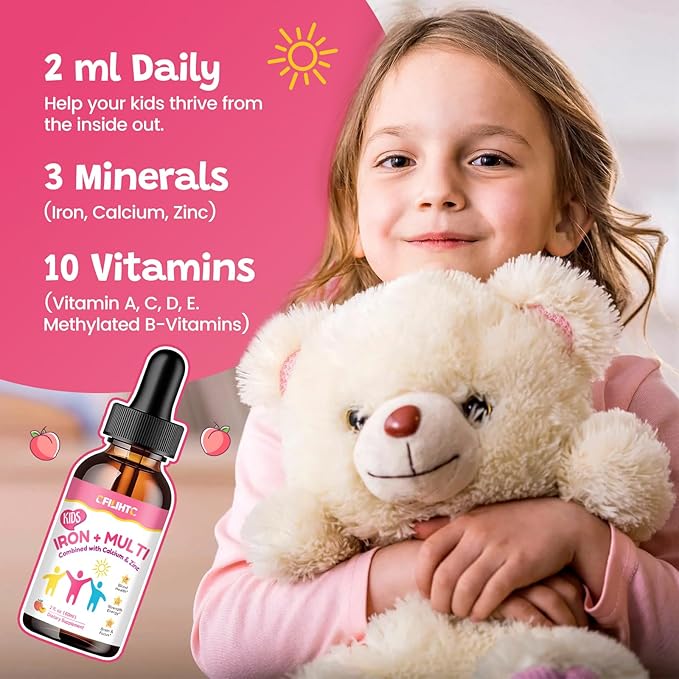 Liquid Iron Supplement for Kids, Women & Men - with Calcium, Zinc, Kids Multivitamin with Iron Drops - Blood Builder & Energy Support for Iron Deficiency, Anemia, Peach Flavor 2 Fl Oz