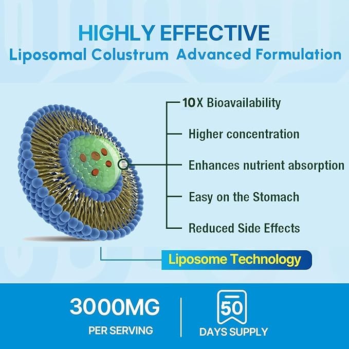 Grass-Fed Bovine Colostrum Supplement Powder - 60% High IgG 3000 mg for Gut Health, Immune Support - Easy to Mix Natural Liposomal Colostrum Superfood, Unflavored, 50 Servings
