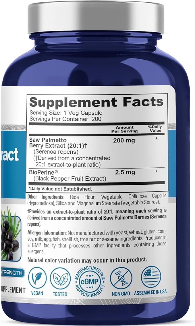 NusaPure Saw Palmetto, 200 mg, 200 Veg Capsules (Non-GMO, Vegan)