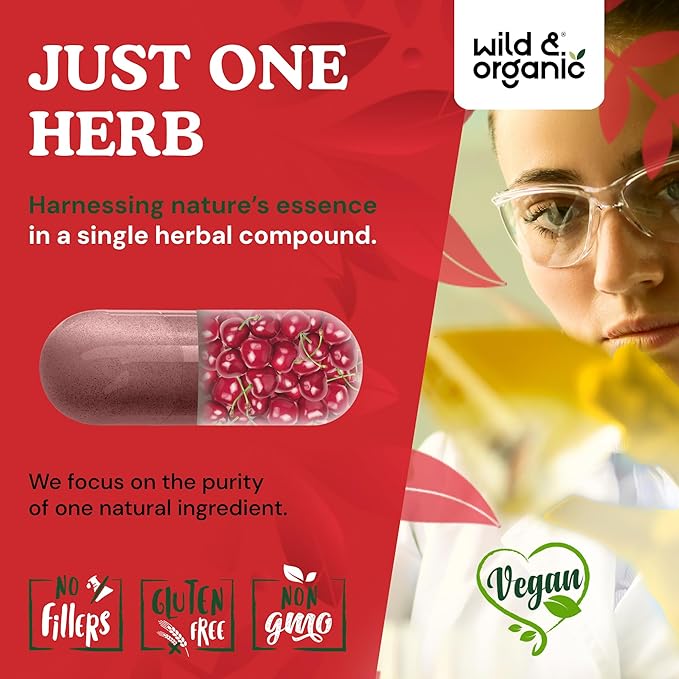 Wild & Organic Tart Cherry Capsules 600 mg - Uric Acid Support - Tart Cherry Extract Supplement - Prunus Cerasus Fruit Powder - 90 Days of Supply - Vegan, No Fillers, Non-GMO - 90 Count