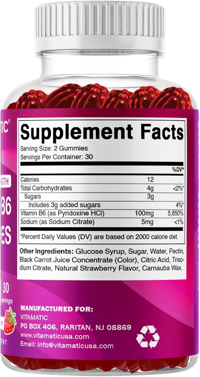 Vitamatic 2 Packs Vitamin B6 100mg Gummies – Natural Strawberry Flavor – 60 Pectin-Based Gummies per Bottle – Nervous System & Energy Support