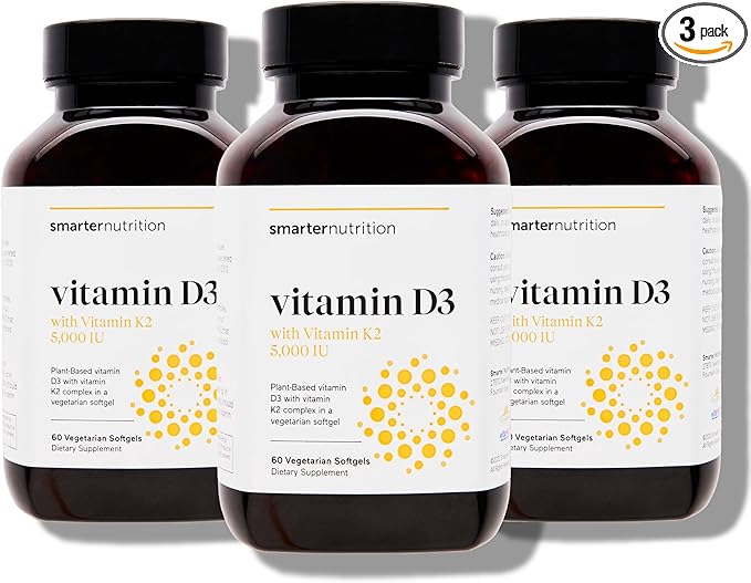 SMARTERNUTRITION Vegan Vitamin D3 5000 IU + Natural Vitamin K2 1100 mcg in Organic Coconut & Olive Oil - D3 K2 Supplement for Immune & Bone Support - 180 Softgels[90 Day Supply]