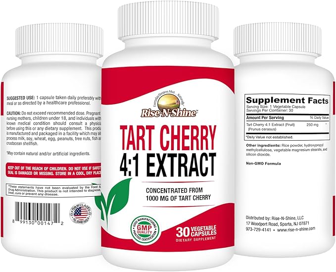 Rise-N-Shine Tart Cherry 4:1 Extract (Fruit) (Prunus Cerasus) | 250 mg Tart Cherry Extract | Antioxidant | 30 Day Supply