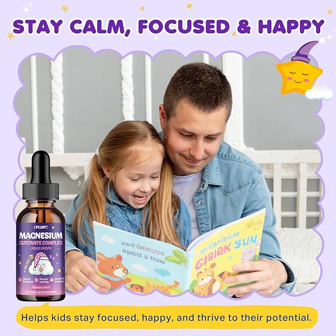 Magnesium Glycinate Liquid for Kids - Magnesium Bisglycinate Drops with L-Theanine, Chamomile & Vitamin B6, B12, C, D3 for Sleep, Relaxation, Immune Support, Calm & Focus - 2 Fl Oz, Strawberry Flavor