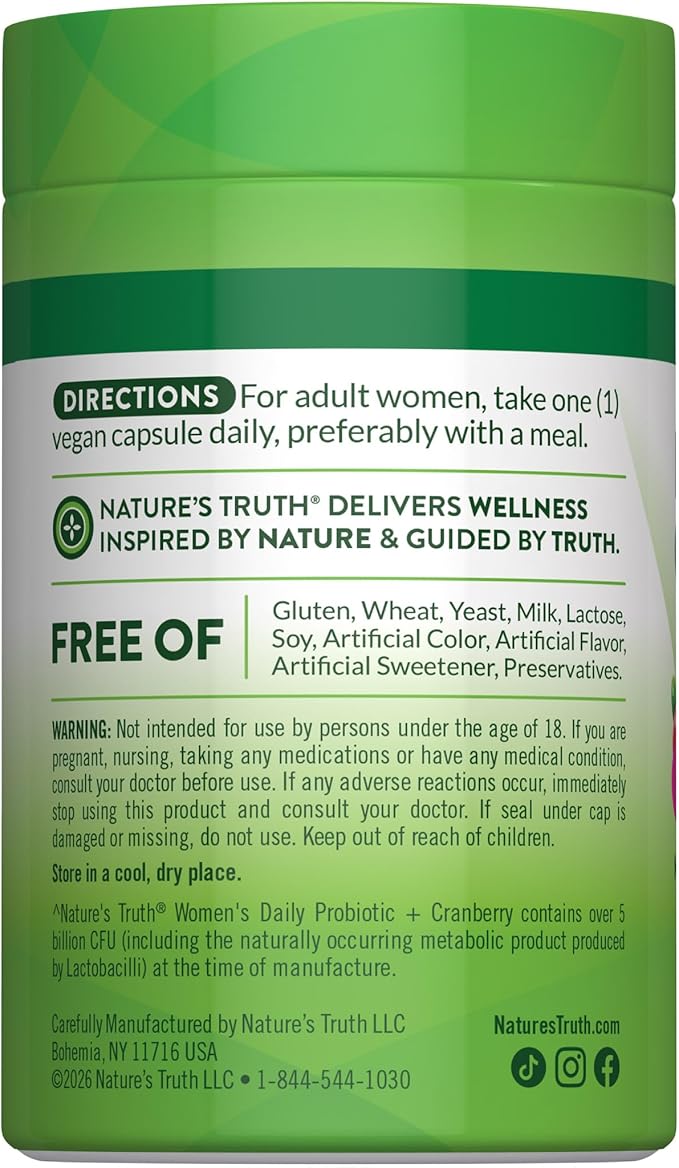 Nature's Truth Probiotics for Women | 5 Billion CFUs Daily | 40 Vegan Capsules | with Cranberry | Non-GMO & Gluten Free | No Refrigeration Needed