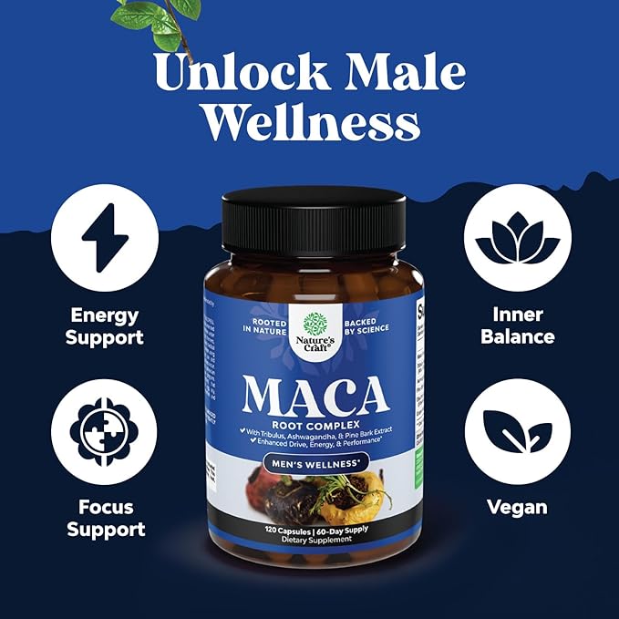 Potent Black Maca Root Capsules for Men - Herbal Wellness Supplement with Siberian Ginseng Ashwagandha and Black Maca Root - Men’s Wellness Supplement to Support General Health - 120 Count