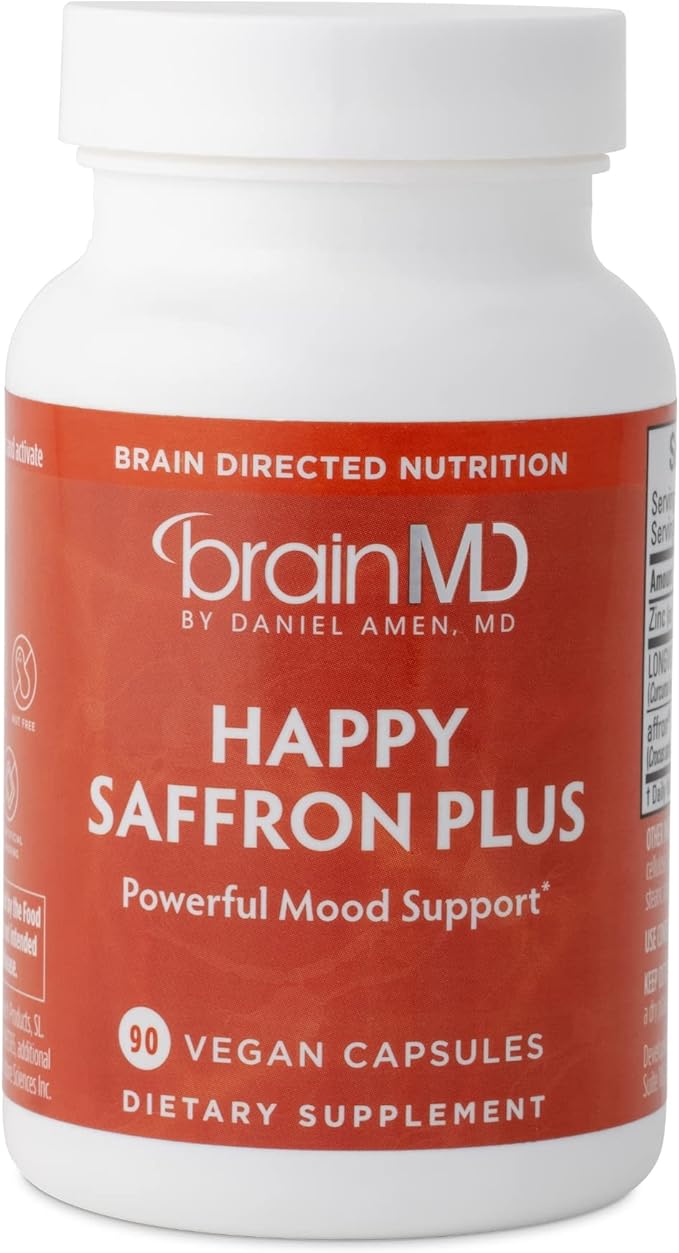BRAINMD Dr Amen Happy Saffron Plus - 90 Capsules - with Saffron Flower Extract, Curcumin & Zinc - Vegan, Gluten Free - 30 Servings