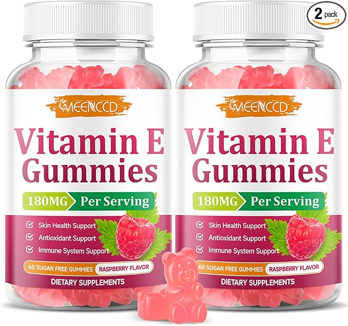 MEENCCD 2 Pack Vitamin E Gummies, 180 mg (400 IU) dl-Alpha, Daily Skin Support, Sugar-Free, Vegan, Non-GMO, Raspberry Flavor, 120 Count