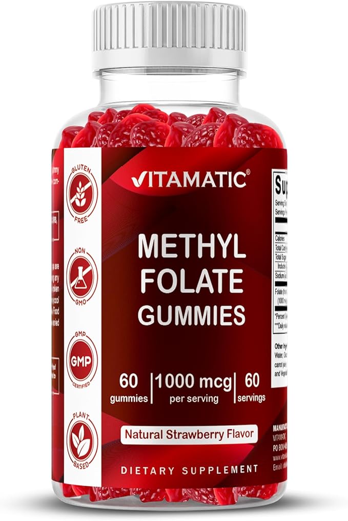 Vitamatic Methylfolate Gummies 1000 mcg – Active 5-MTHF Form – Natural Strawberry Flavor – Vegan, Non-GMO, Gluten Free – 60 Gummies