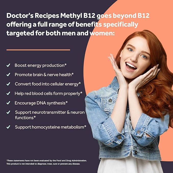 Doctor's Recipes Vitamin B12 Sublingual, Methylcobalamin 5000 mcg 240 Fast Dissolve Tablets, Natural Peach Flavor, Vegan Methyl, Energy Metabolism & Nervous System