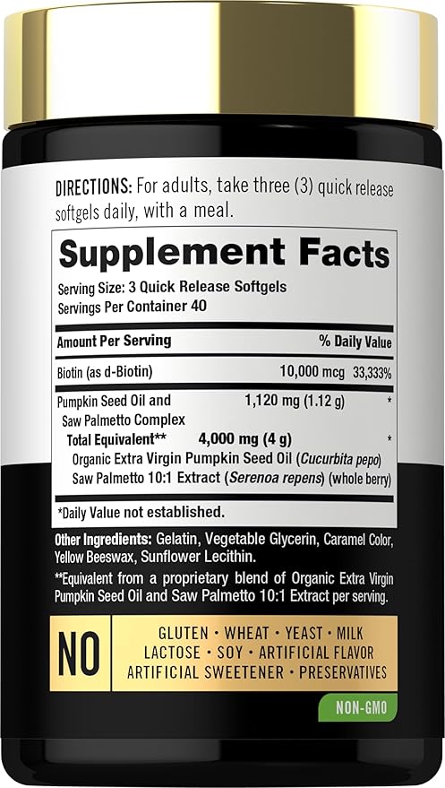 Carlyle Pumpkin Seed Oil with Saw Palmetto 4000 Mg | 120 Softgel Capsules | for Men & Women | 3X Formula with Biotin | Non-GMO, Gluten Free Supplement