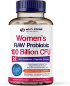 Wholesome Wellness Dr. Formulated Raw Probiotics for Women 100 Billion CFUs Capsules with Prebiotics, Digestive Enzymes, Approved for Adults, Shelf Stable Supplement