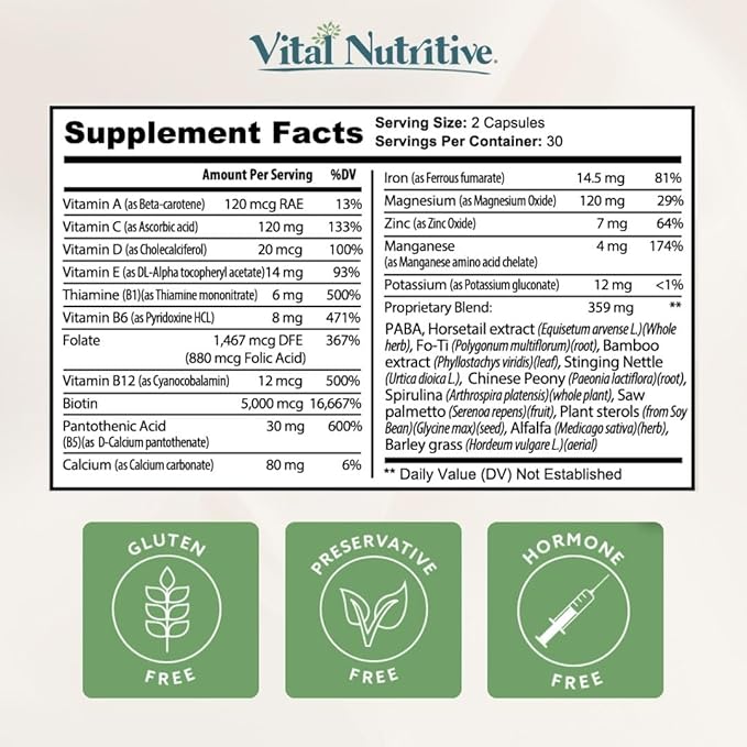 VITAL NUTRITIVE Vital Hair Complex – Biotin & Vitamin B Hair Vitamins for Women & Men – Hair Supplement Supports Healthy Hair, Skin & Nails – Hormone-Free, Gluten-Free – 120 Capsules -60 Days Supply
