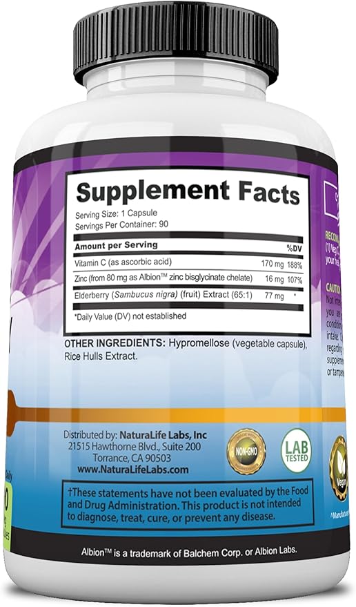 NaturaLife Labs Sambucus Elderberry Capsules – with Vitamin C & Zinc – Immune Support Supplement – 90 Vegan Capsules – Non-GMO & Gluten-Free