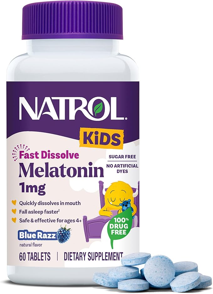 Natrol Kids Fast Dissolve Melatonin 1 mg, Dietary Supplement for Restful Sleep, Sleep Tablets for Kids, 60 Sugar-Free Blue-Razz-Flavored Melatonin Tablets, 60 Day Supply