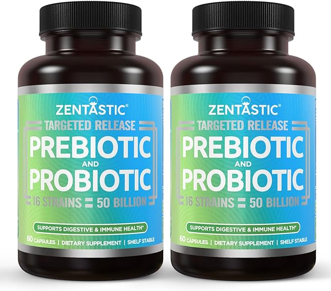 Zentastic Probiotics & Prebiotics Supplement - 50 Billion CFU - for Men & Women’s Immune & Digestive Health - 16 Strains - Shelf Stable - 120 Delayed Release Veggie Capsules