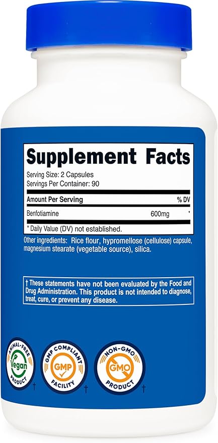 Nutricost Benfotiamine (600 mg) 180 Capsules - Fat Soluble Vitamin B1, Gluten Free, Non-GMO, Vegan, 90 Servings