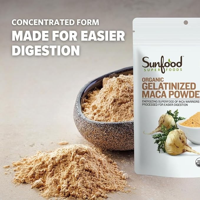 Sunfood Superfood Organic Gelatinized Maca Root Powder - Pure Raw Maca Powder for Women & Men, Use in Coffee or Smoothie, Certified USDA Organic, Non-GMO, Vegan, Gluten Free, Earth Kosher - 8 oz Bag