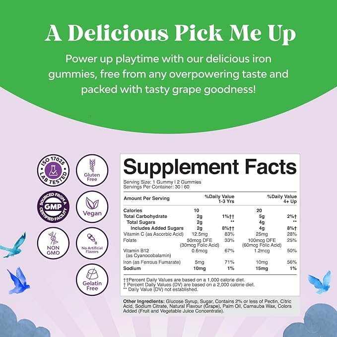 Kids Iron Gummies - Blood Builder Iron Supplements for Kids with Gentle for Stronger Immunity & Energy - Vitamin B12, Folate & Vitamin C Gummies - Vegan GMO & Gluten Free for Toddlers - 60 Count